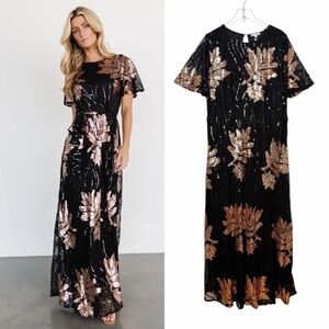 NEW Baltic Born Muse Sequin Leaf Black + Rose Women’s Maxi Dress Sz 3X